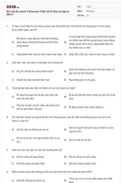 Bộ 2 đề thi cuối kì 2 Khoa học 5 Kết nối tri thức có đáp án (Đề 2)