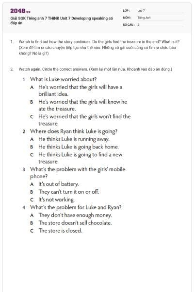 Giải SGK Tiếng anh 7 THiNK Unit 7 Developing speaking có đáp án