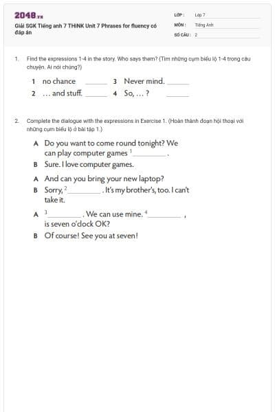 Giải SGK Tiếng anh 7 THiNK Unit 7 Phrases for fluency có đáp án