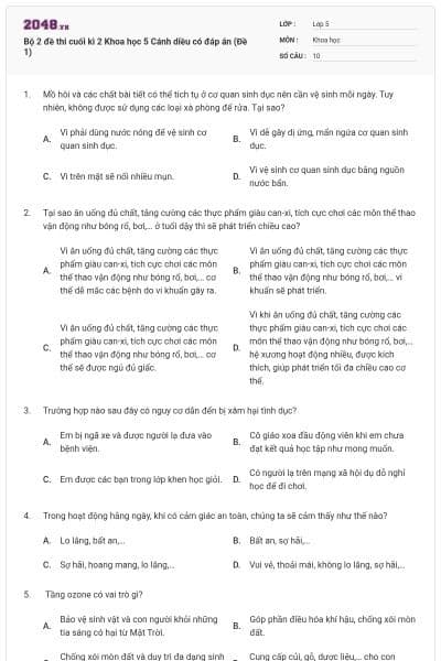 Bộ 2 đề thi cuối kì 2 Khoa học 5 Cánh diều có đáp án (Đề 1)