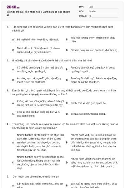 Bộ 2 đề thi cuối kì 2 Khoa học 5 Cánh diều có đáp án (Đề 2)
