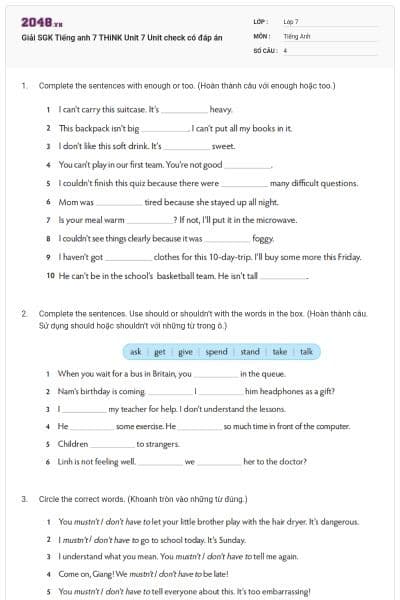 Giải SGK Tiếng anh 7 THiNK Unit 7 Unit check có đáp án