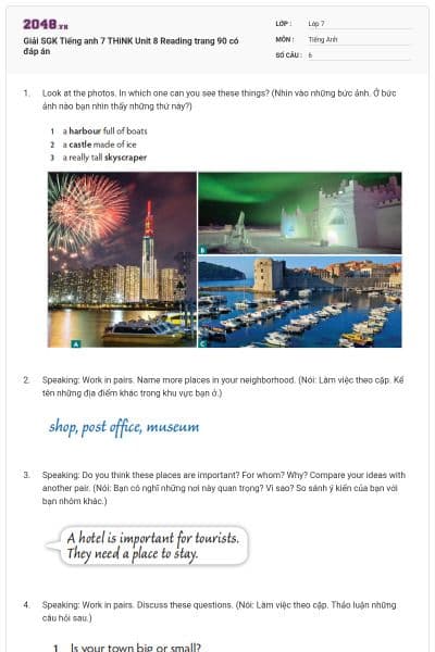 Giải SGK Tiếng anh 7 THiNK Unit 8 Reading trang 90 có đáp án