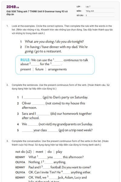 Giải SGK Tiếng anh 7 THiNK Unit 8 Grammar trang 93 có đáp án