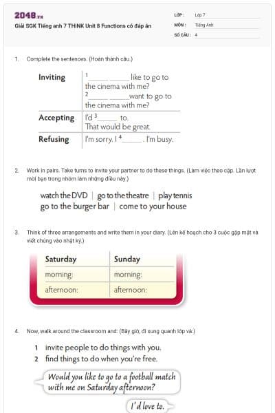 Giải SGK Tiếng anh 7 THiNK Unit 8 Functions có đáp án