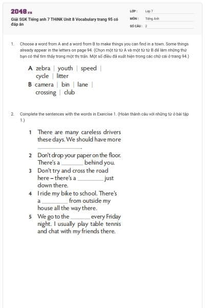 Giải SGK Tiếng anh 7 THiNK Unit 8 Vocabulary trang 95 có đáp án