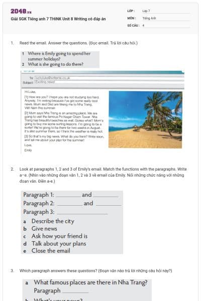 Giải SGK Tiếng anh 7 THiNK Unit 8 Writing có đáp án