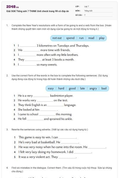 Giải SGK Tiếng anh 7 THiNK Unit check trang 98 có đáp án