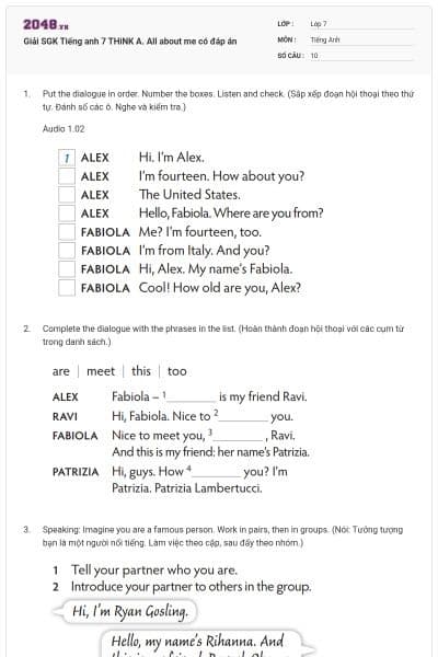 Giải SGK Tiếng anh 7 THiNK A. All about me có đáp án