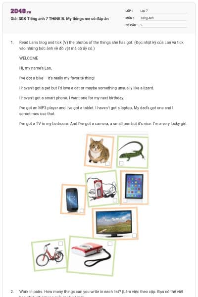 Giải SGK Tiếng anh 7 THiNK B. My things me có đáp án