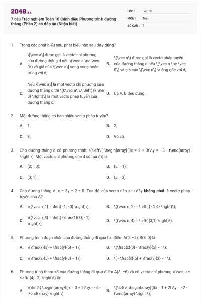 7 câu Trắc nghiệm Toán 10 Cánh diều Phương trình đường thẳng (Phần 2) có đáp án (Nhận biết)