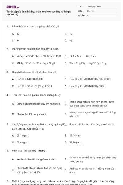Tuyển tập đề thi minh họa môn Hóa Học cực hay có lời giải (đề số 14)