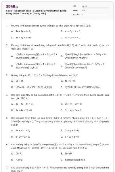 8 câu Trắc nghiệm Toán 10 Cánh diều Phương trình đường thẳng (Phần 2) có đáp án (Thông hiểu)