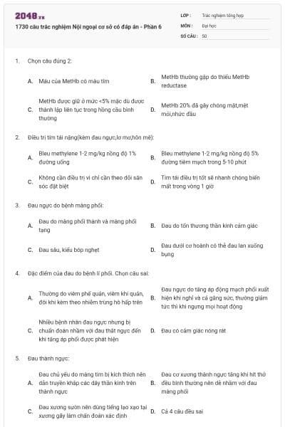 1730 câu trắc nghiệm Nội ngoại cơ sở có đáp án - Phần 6