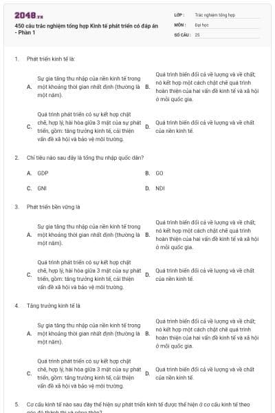 450 câu trắc nghiệm tổng hợp Kinh tế phát triển có đáp án - Phần 1