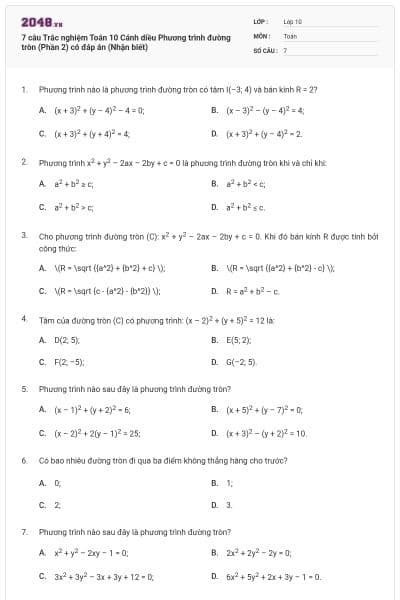 7 câu Trắc nghiệm Toán 10 Cánh diều Phương trình đường tròn (Phần 2) có đáp án (Nhận biết)