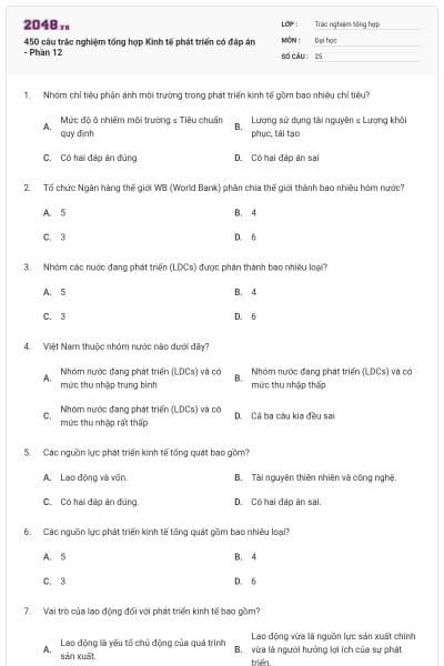 450 câu trắc nghiệm tổng hợp Kinh tế phát triển có đáp án - Phần 12