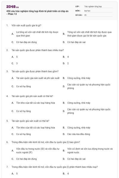 450 câu trắc nghiệm tổng hợp Kinh tế phát triển có đáp án - Phần 13
