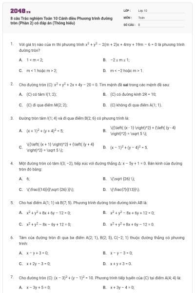 8 câu Trắc nghiệm Toán 10 Cánh diều Phương trình đường tròn (Phần 2) có đáp án (Thông hiểu)
