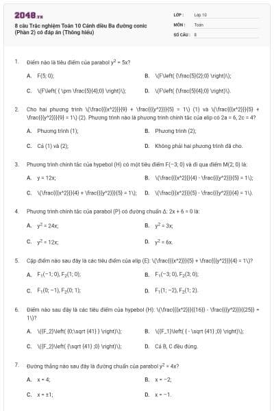 8 câu Trắc nghiệm Toán 10 Cánh diều Ba đường conic (Phần 2) có đáp án (Thông hiểu)