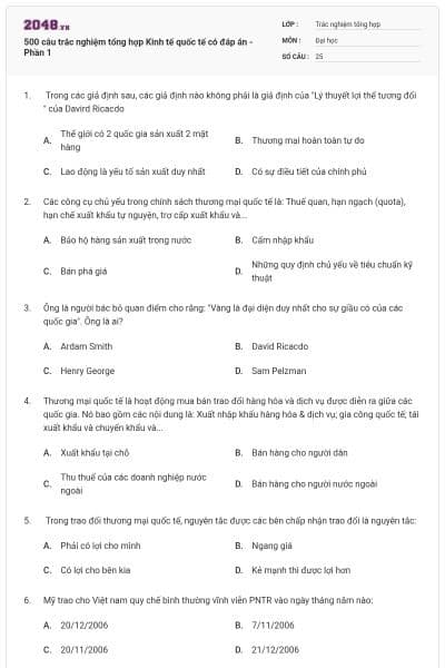 500 câu trắc nghiệm tổng hợp Kinh tế quốc tế có đáp án - Phần 1