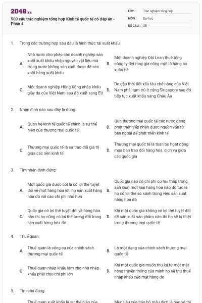 500 câu trắc nghiệm tổng hợp Kinh tế quốc tế có đáp án - Phần 4