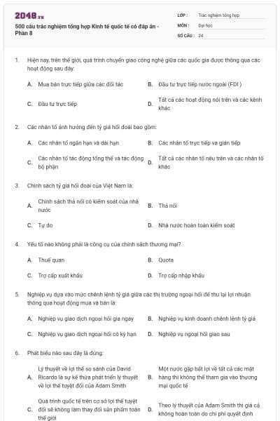 500 câu trắc nghiệm tổng hợp Kinh tế quốc tế có đáp án - Phần 8