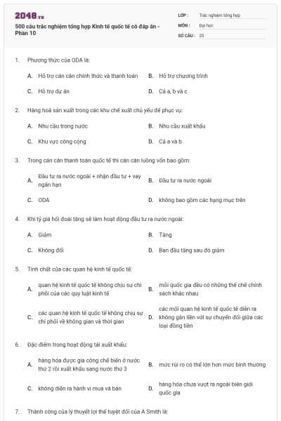 500 câu trắc nghiệm tổng hợp Kinh tế quốc tế có đáp án - Phần 10
