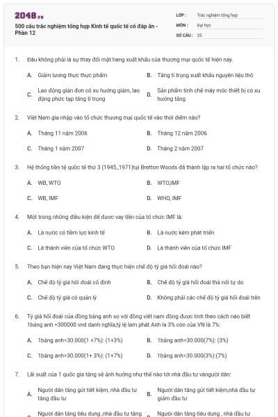 500 câu trắc nghiệm tổng hợp Kinh tế quốc tế có đáp án - Phần 12