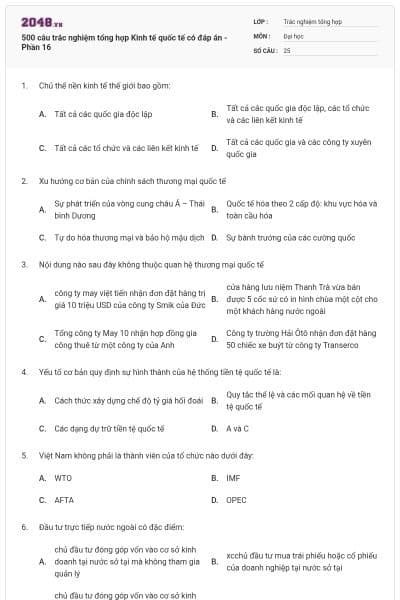 500 câu trắc nghiệm tổng hợp Kinh tế quốc tế có đáp án - Phần 16