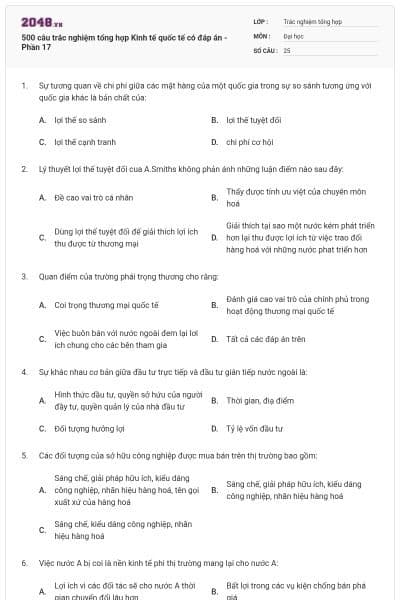 500 câu trắc nghiệm tổng hợp Kinh tế quốc tế có đáp án - Phần 17