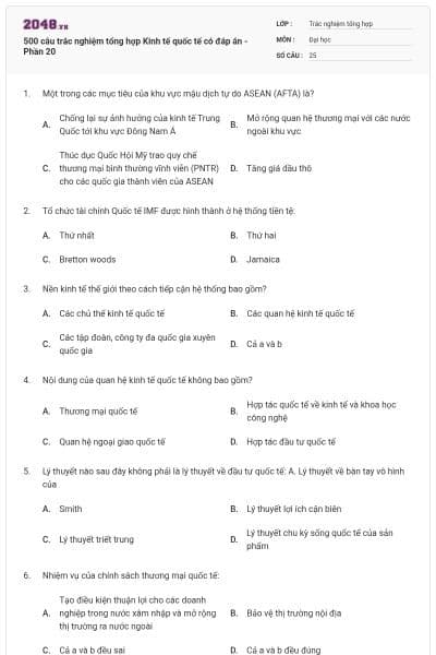 500 câu trắc nghiệm tổng hợp Kinh tế quốc tế có đáp án - Phần 20