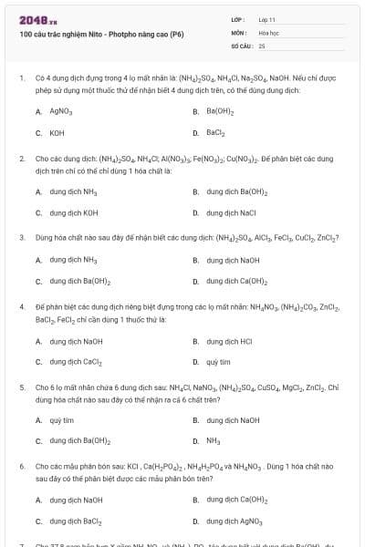 100 câu trắc nghiệm Nito - Photpho nâng cao (P6)