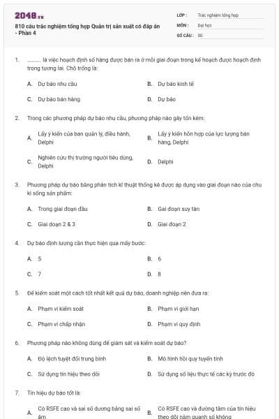 810 câu trắc nghiệm tổng hợp Quản trị sản xuất có đáp án - Phần 4