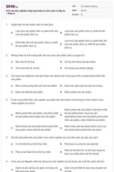 810 câu trắc nghiệm tổng hợp Quản trị sản xuất có đáp án - Phần 8