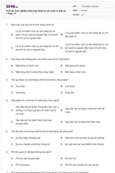 810 câu trắc nghiệm tổng hợp Quản trị sản xuất có đáp án - Phần 17