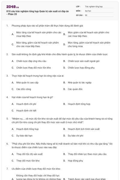 810 câu trắc nghiệm tổng hợp Quản trị sản xuất có đáp án - Phần 20