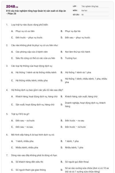 810 câu trắc nghiệm tổng hợp Quản trị sản xuất có đáp án - Phần 26