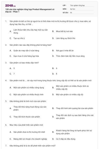 100 câu trắc nghiệm tổng hợp Product Management có đáp án - Phần 1