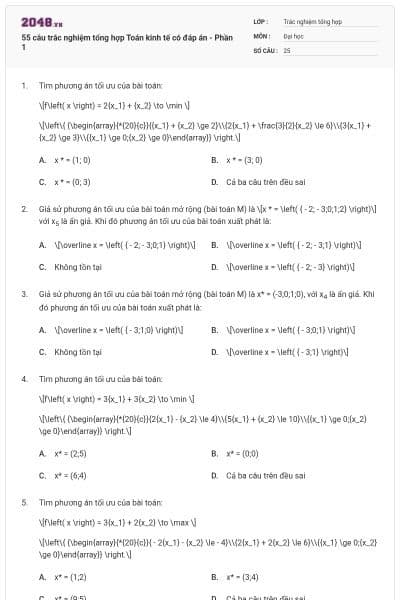 55 câu trắc nghiệm tổng hợp Toán kinh tế có đáp án - Phần 1