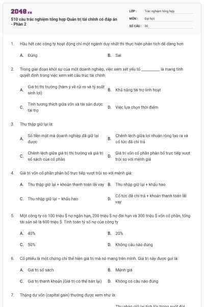 510 câu trắc nghiệm tổng hợp Quản trị tài chính có đáp án - Phần 2