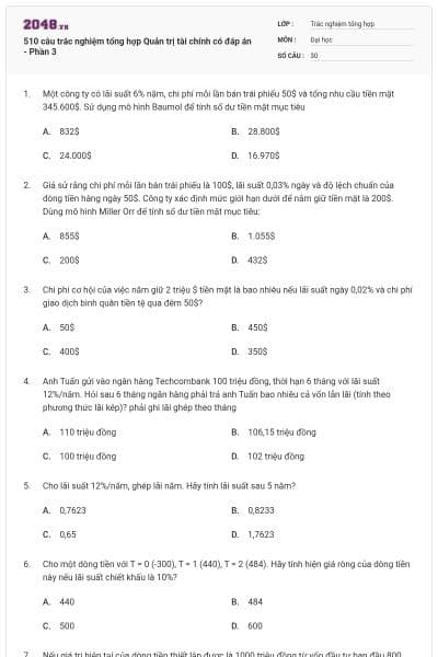 510 câu trắc nghiệm tổng hợp Quản trị tài chính có đáp án - Phần 3