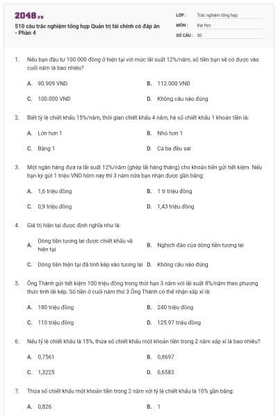 510 câu trắc nghiệm tổng hợp Quản trị tài chính có đáp án - Phần 4