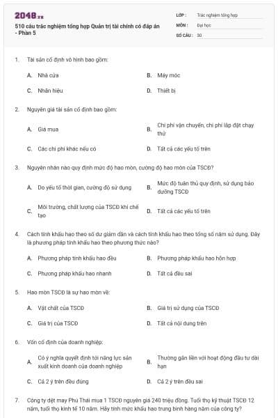 510 câu trắc nghiệm tổng hợp Quản trị tài chính có đáp án - Phần 5