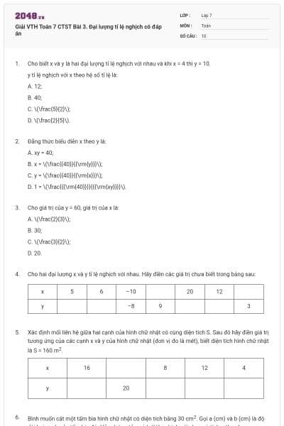 Giải VTH Toán 7 CTST Bài 3. Đại lượng tỉ lệ nghịch có đáp án