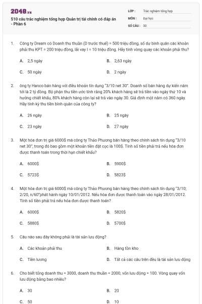 510 câu trắc nghiệm tổng hợp Quản trị tài chính có đáp án - Phần 6