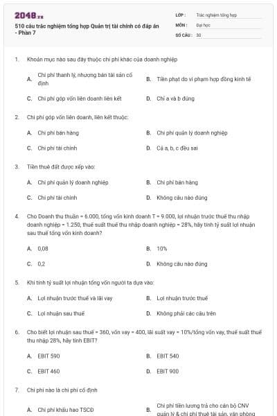 510 câu trắc nghiệm tổng hợp Quản trị tài chính có đáp án - Phần 7