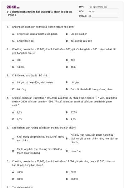 510 câu trắc nghiệm tổng hợp Quản trị tài chính có đáp án - Phần 8