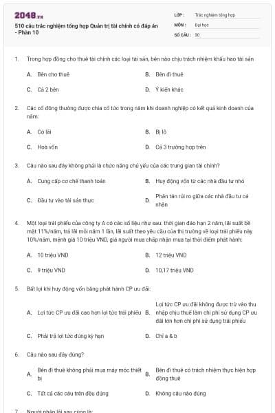 510 câu trắc nghiệm tổng hợp Quản trị tài chính có đáp án - Phần 10