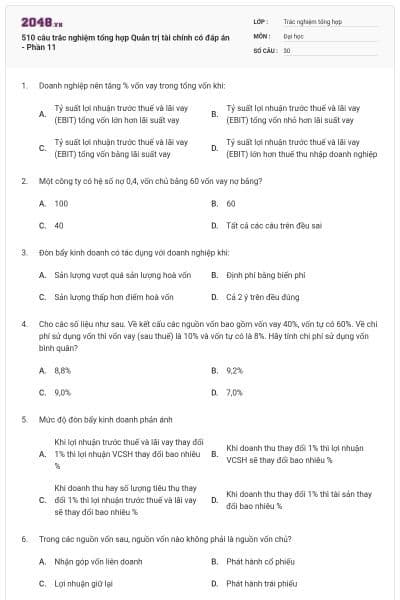 510 câu trắc nghiệm tổng hợp Quản trị tài chính có đáp án - Phần 11